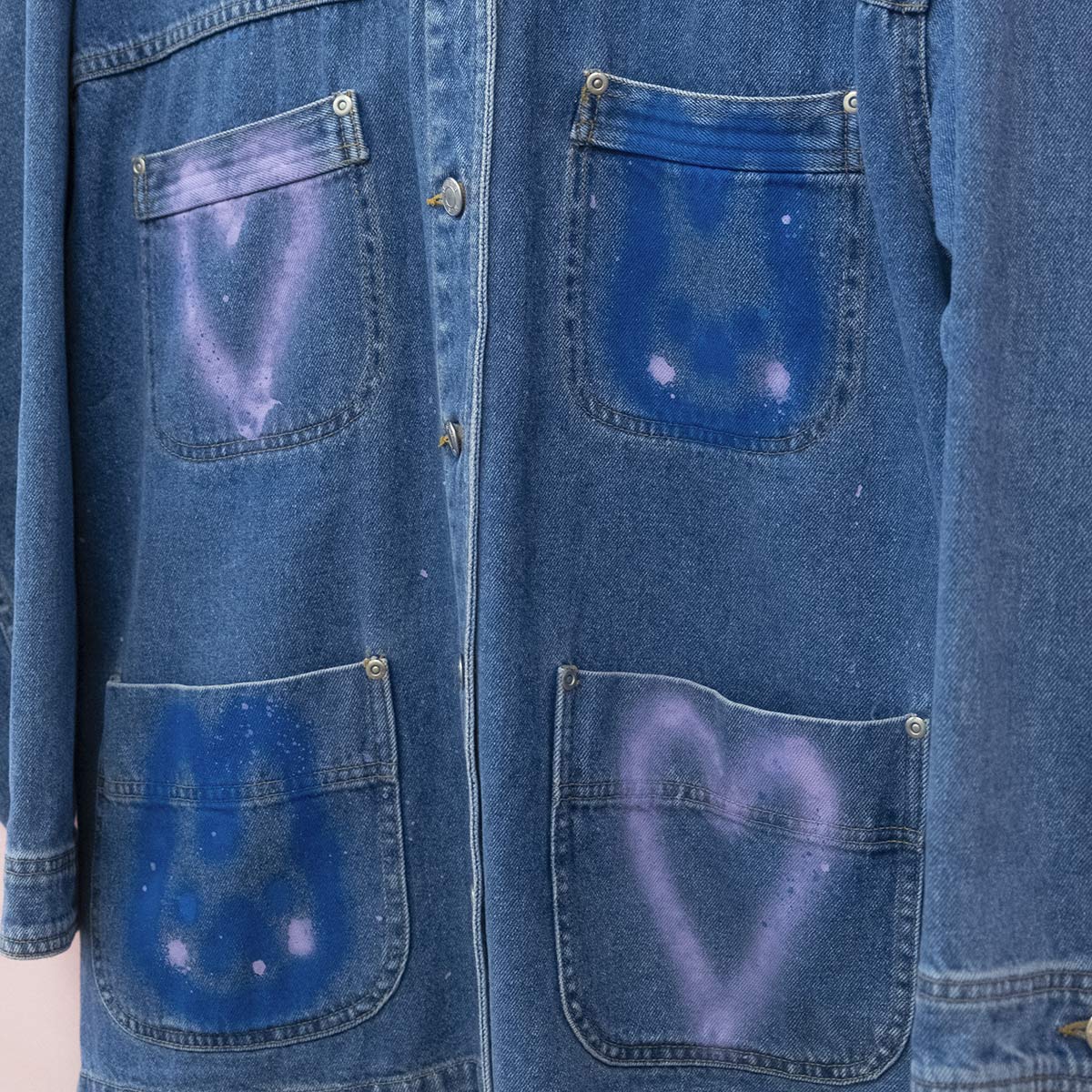 Upcycled spray painted denim jacket — bunnies & hearts