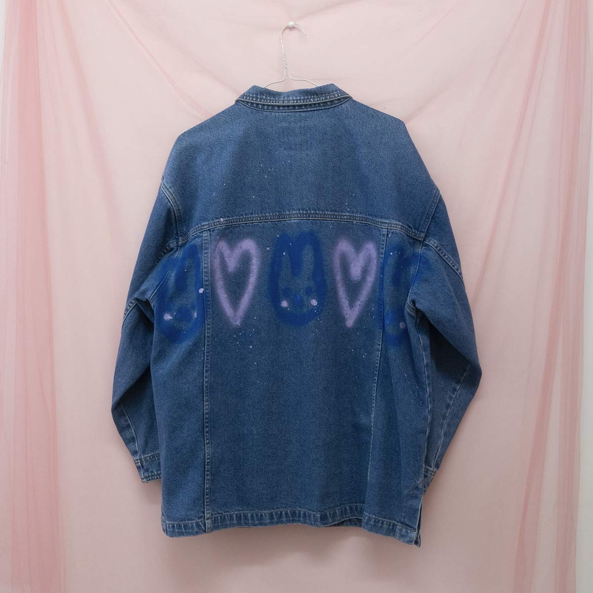 Upcycled spray painted denim jacket — bunnies & hearts