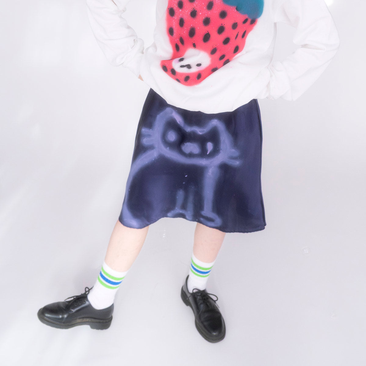 Jupe upcyclée "Chat nocturne" bleue