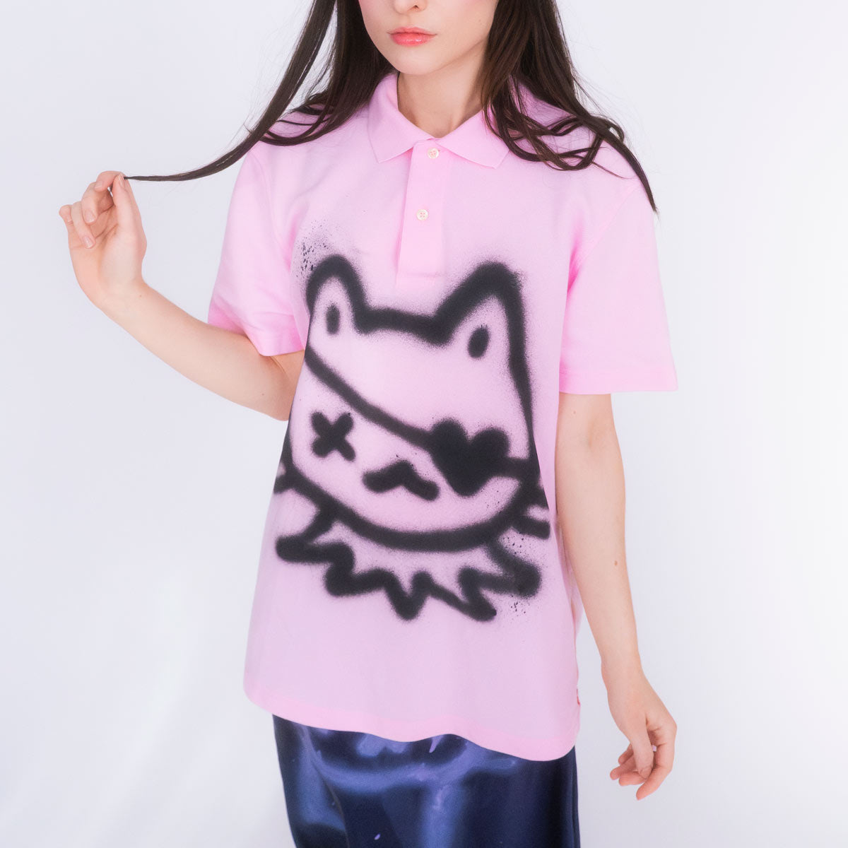 T-shirt polo upcyclé "Chat pirate" rose
