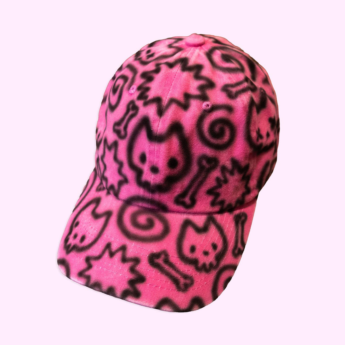 Unique "Skull Cats" Airbrushed Pink Hat