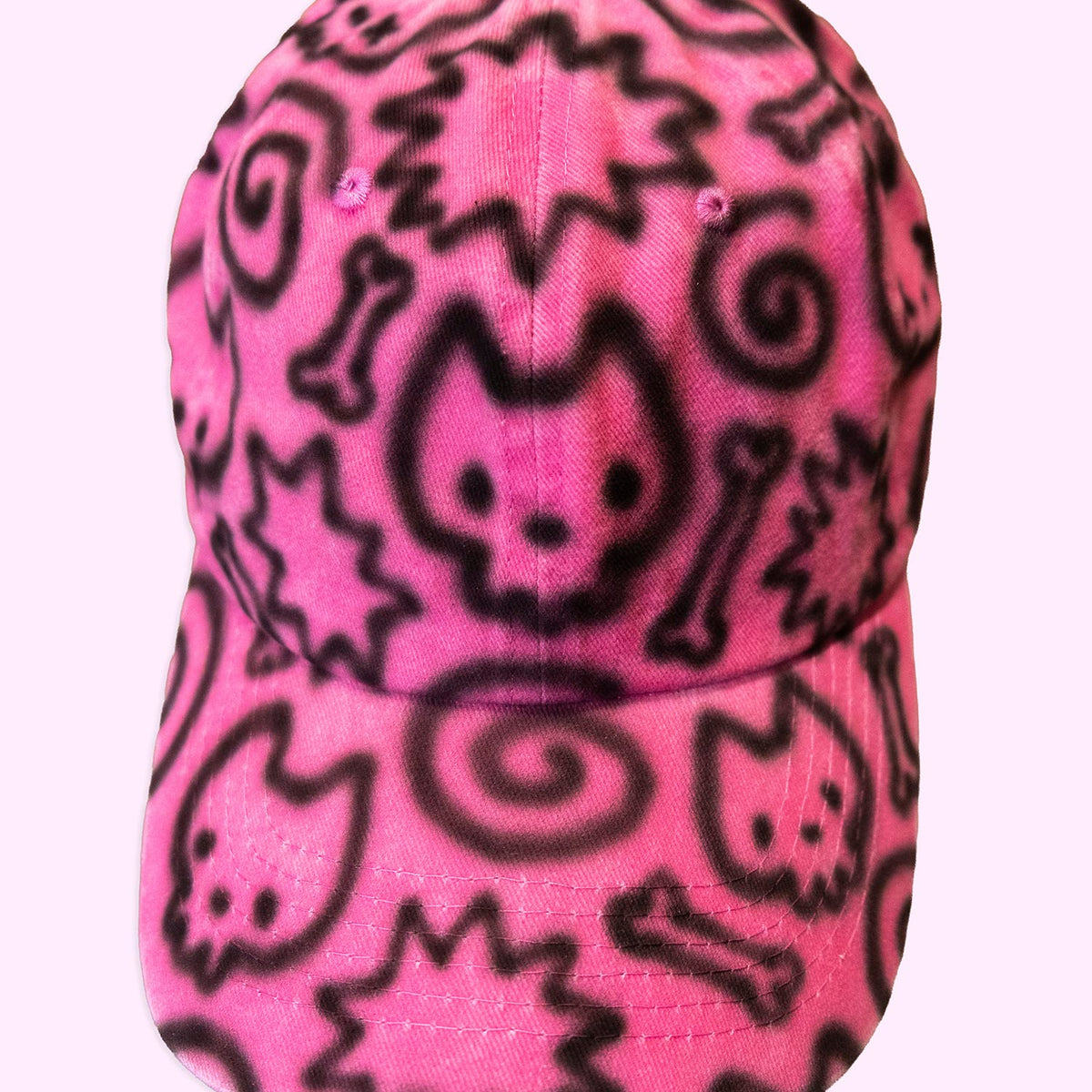 Unique "Skull Cats" Airbrushed Pink Hat