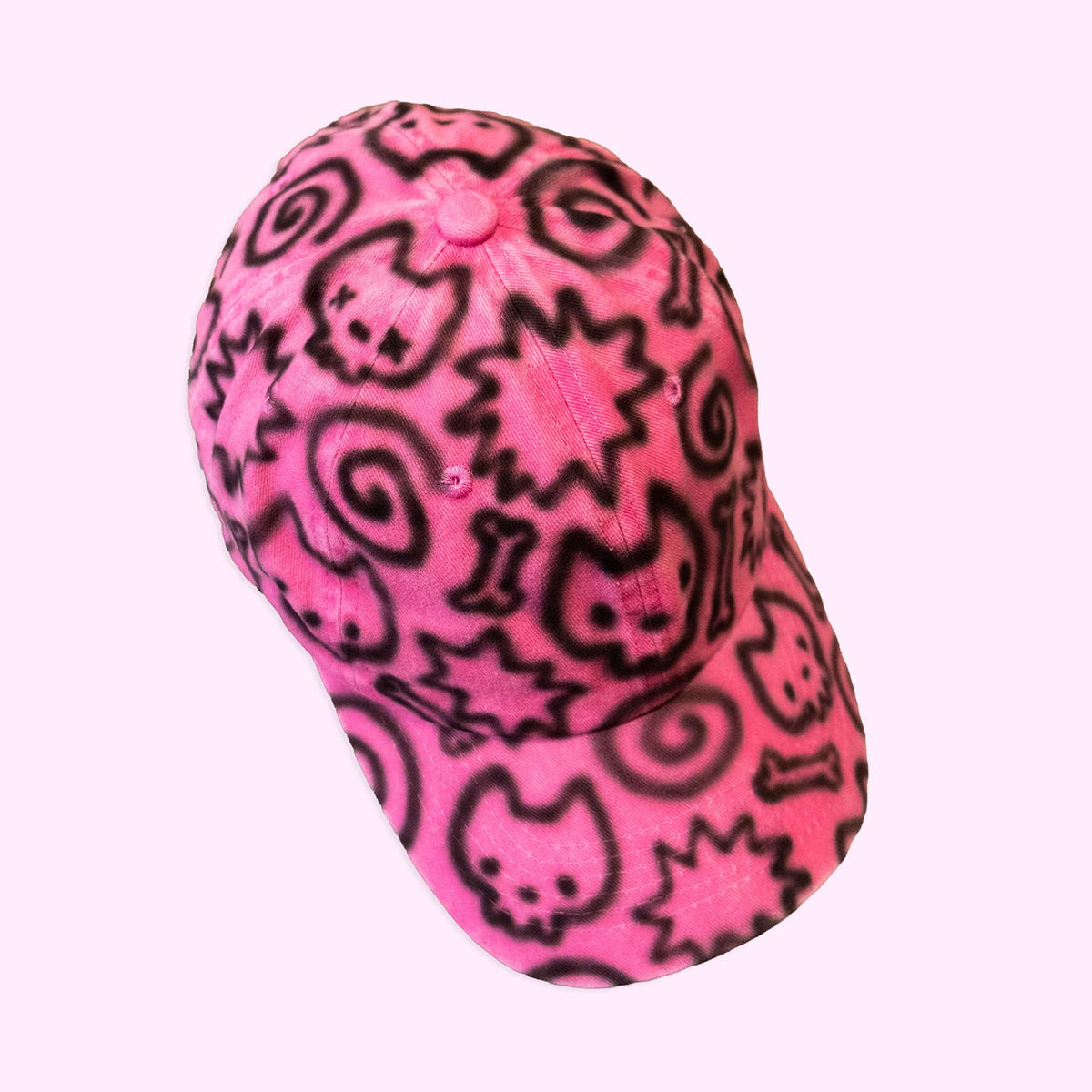 Unique "Skull Cats" Airbrushed Pink Hat