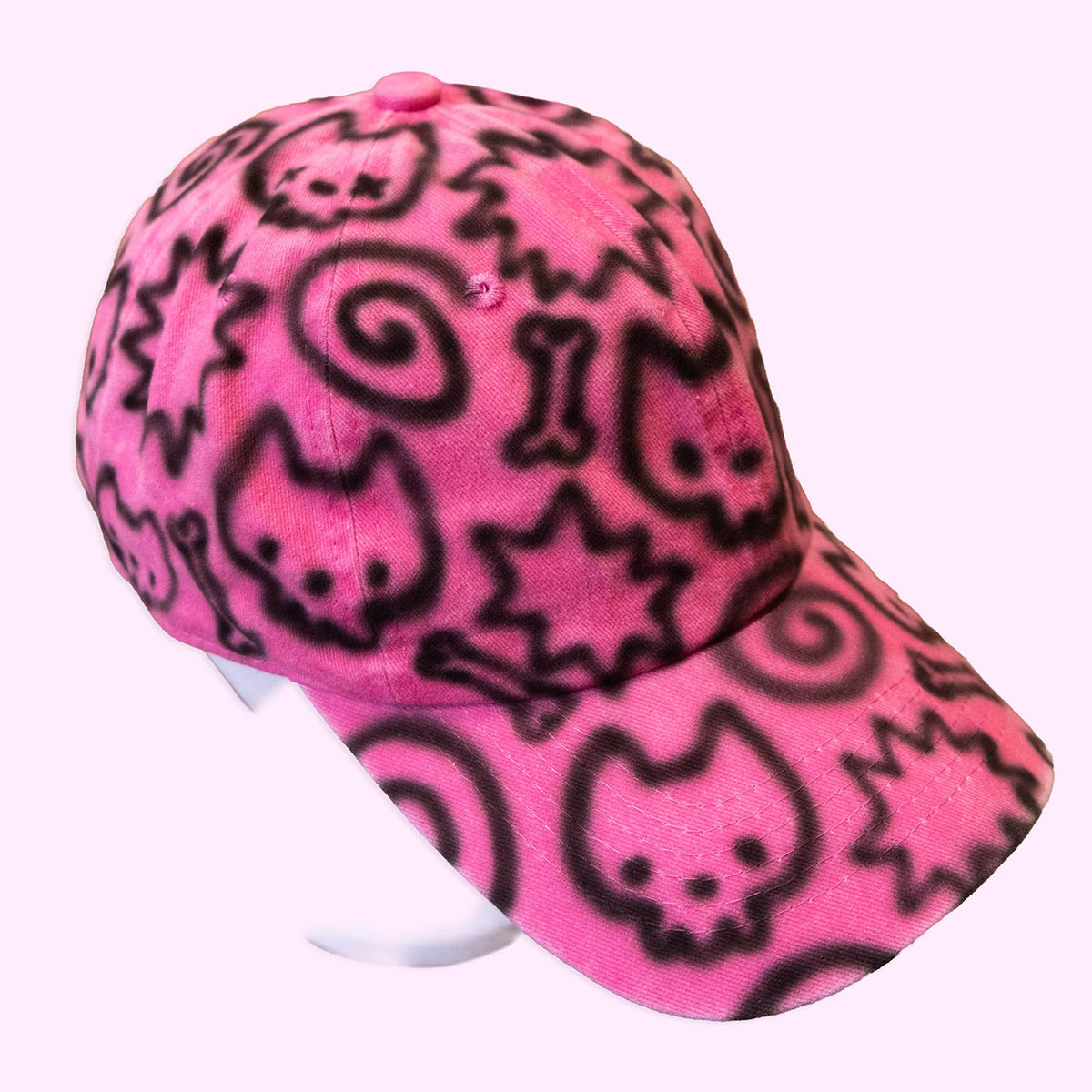 Unique "Skull Cats" Airbrushed Pink Hat