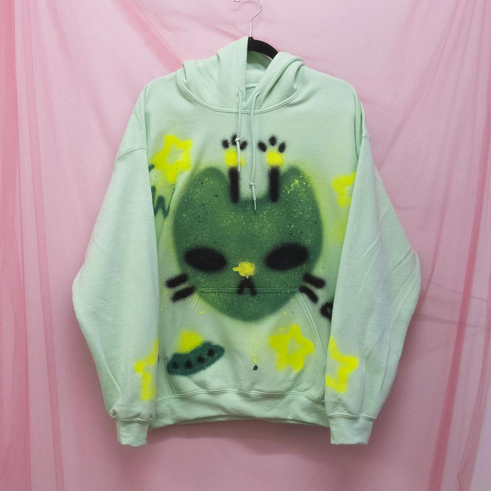 UFO Alien Cat Spray Painted Fleece Hoodie (L)