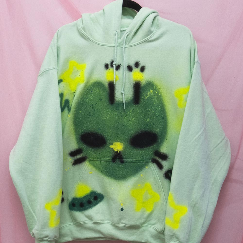 UFO Alien Cat Spray Painted Fleece Hoodie (L)