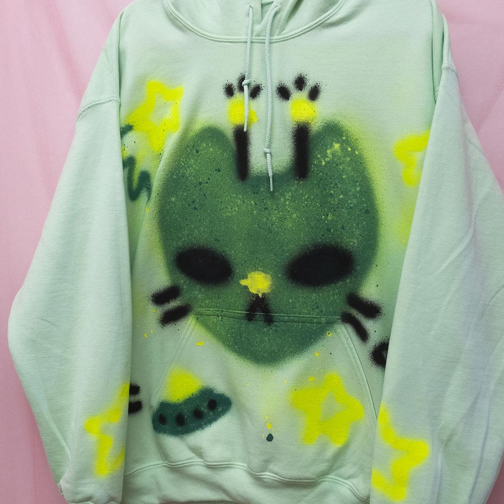 UFO Alien Cat Spray Painted Fleece Hoodie (L)