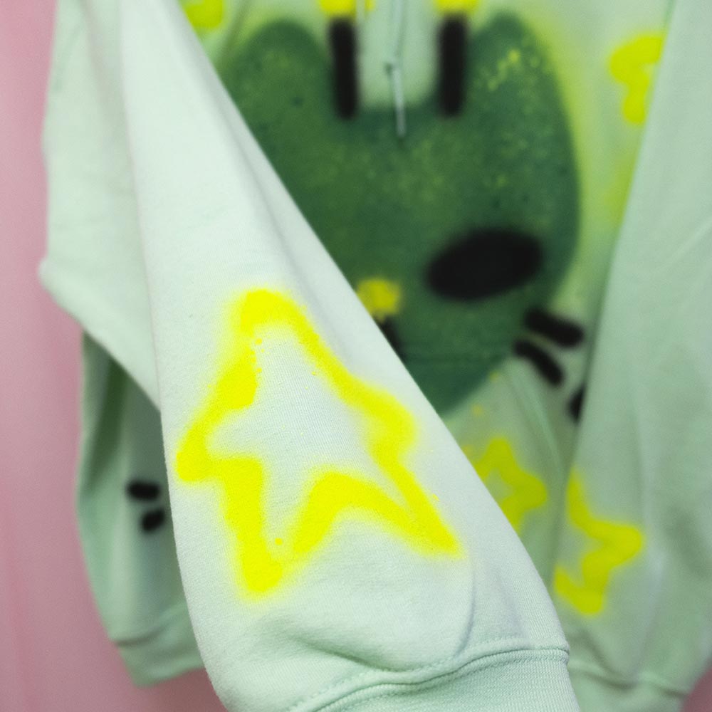 UFO Alien Cat Spray Painted Fleece Hoodie (L)