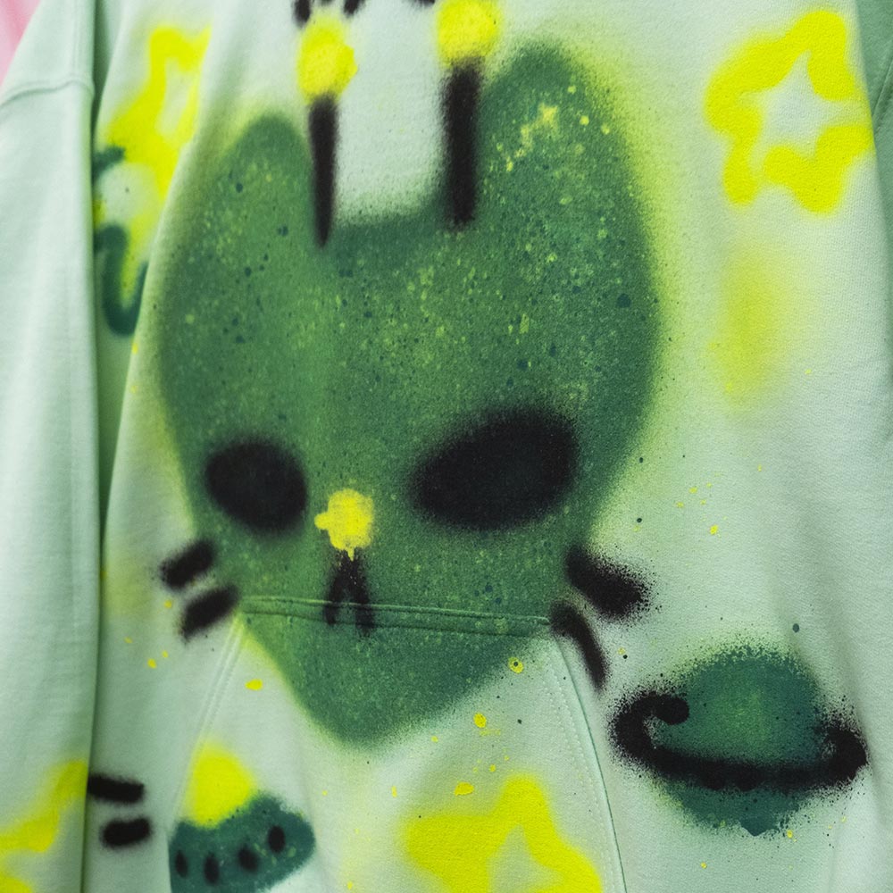 UFO Alien Cat Spray Painted Fleece Hoodie (L)