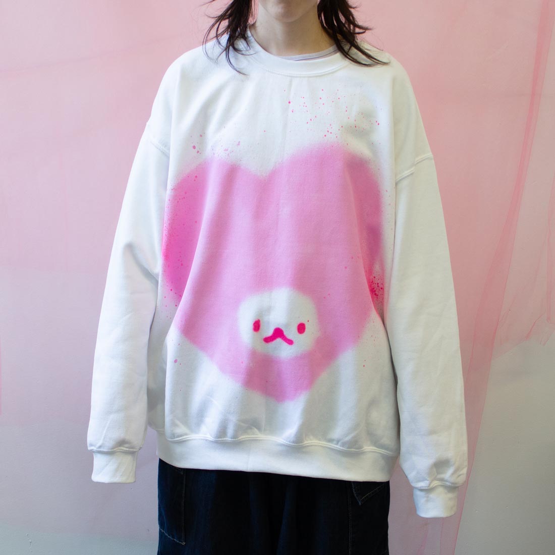 Spray Painted Heart with Kitty Face Crewneck