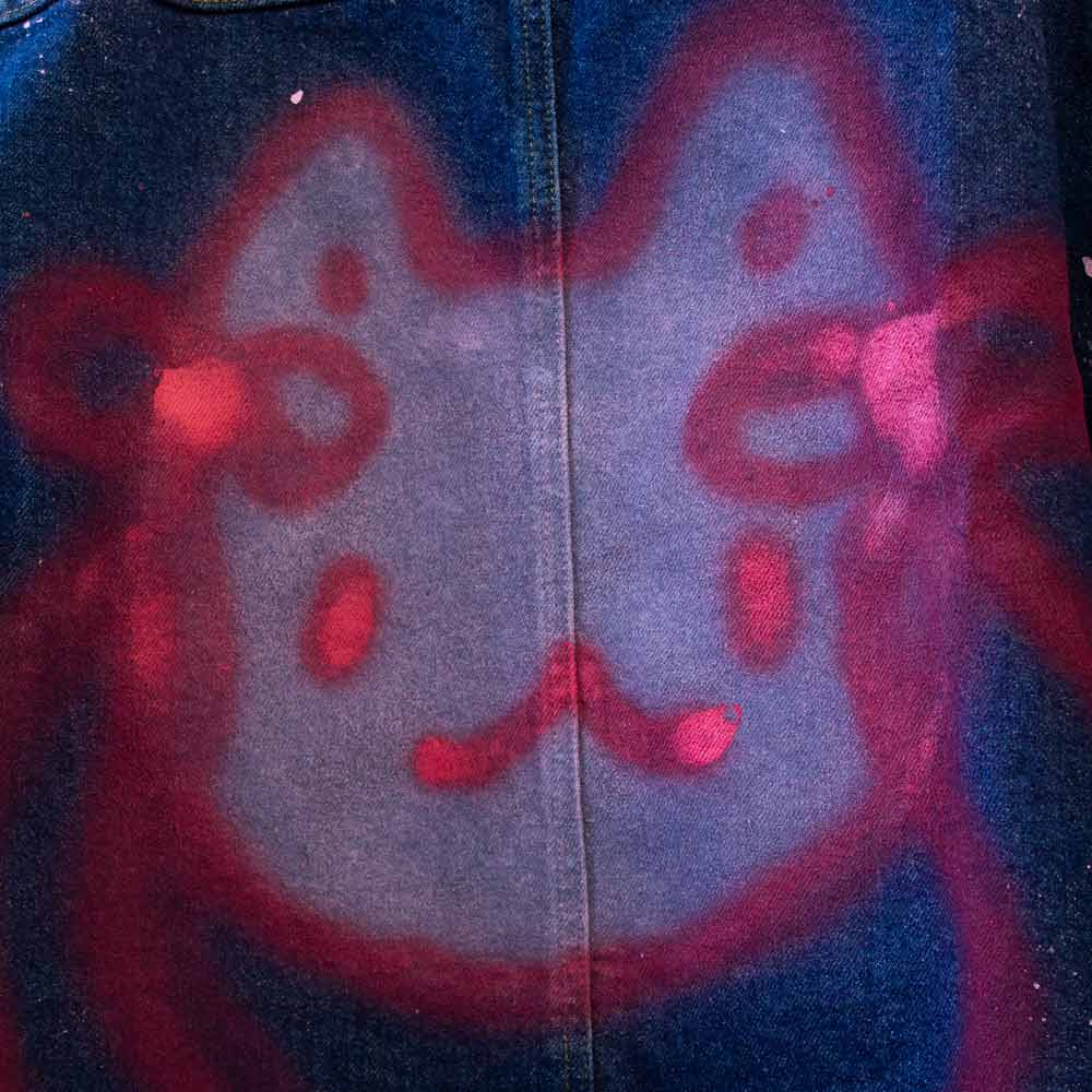 Upcycled spray painted denim jacket — cat with ribbons
