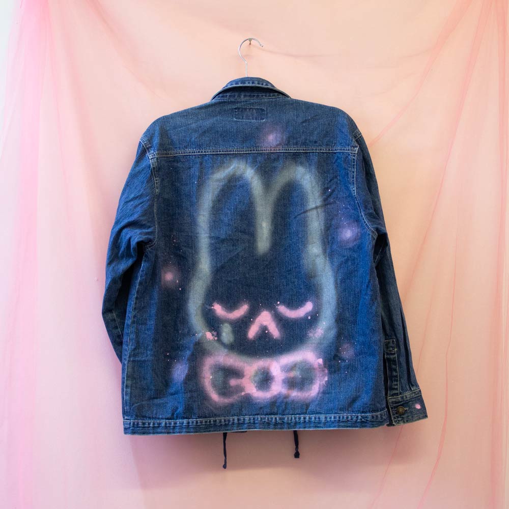 Upcycled spray painted denim jacket — bunny with pink bows
