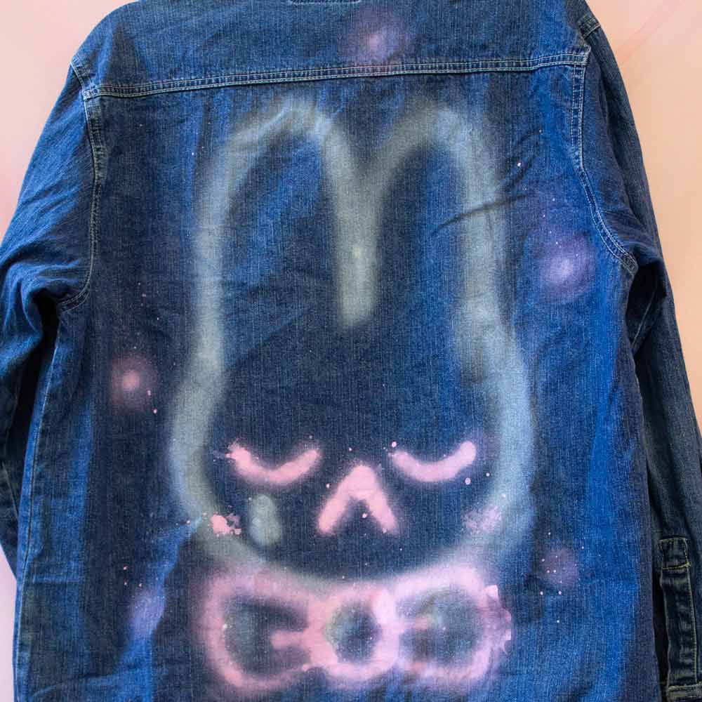 Upcycled spray painted denim jacket — bunny with pink bows