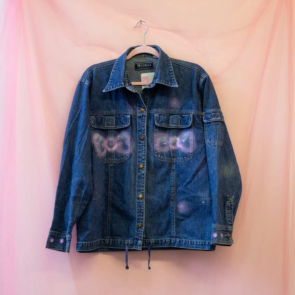 Upcycled spray painted denim jacket — bunny with pink bows