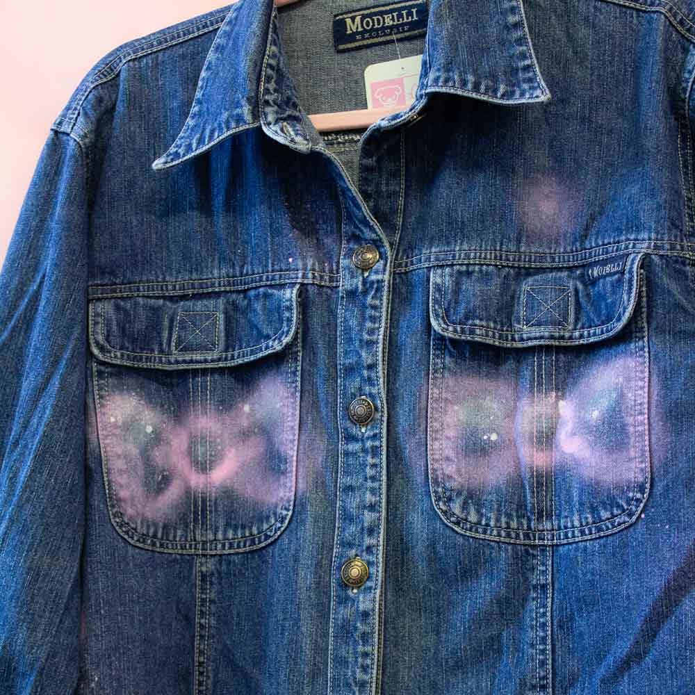 Upcycled spray painted denim jacket — bunny with pink bows