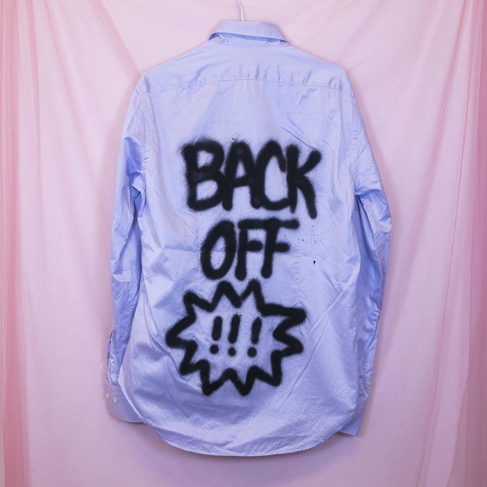 Upcycled "BACK OFF" lilac shirt