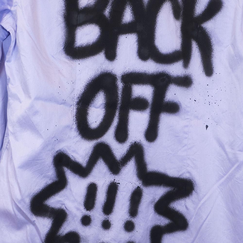 Upcycled "BACK OFF" lilac shirt