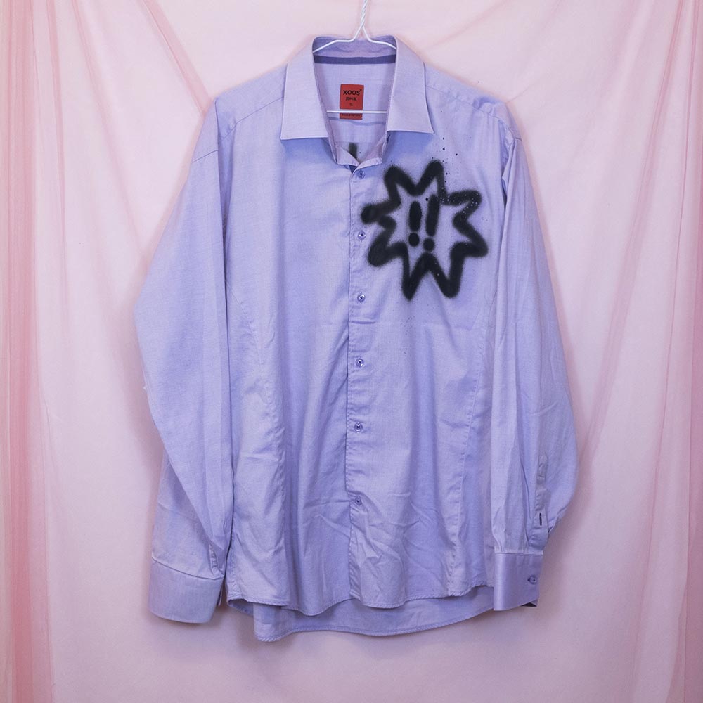 Upcycled "SHUT UP" lilac shirt