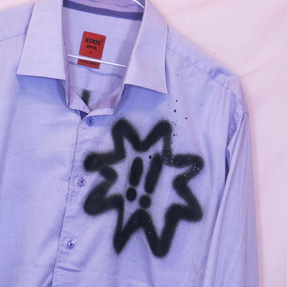 Upcycled "SHUT UP" lilac shirt