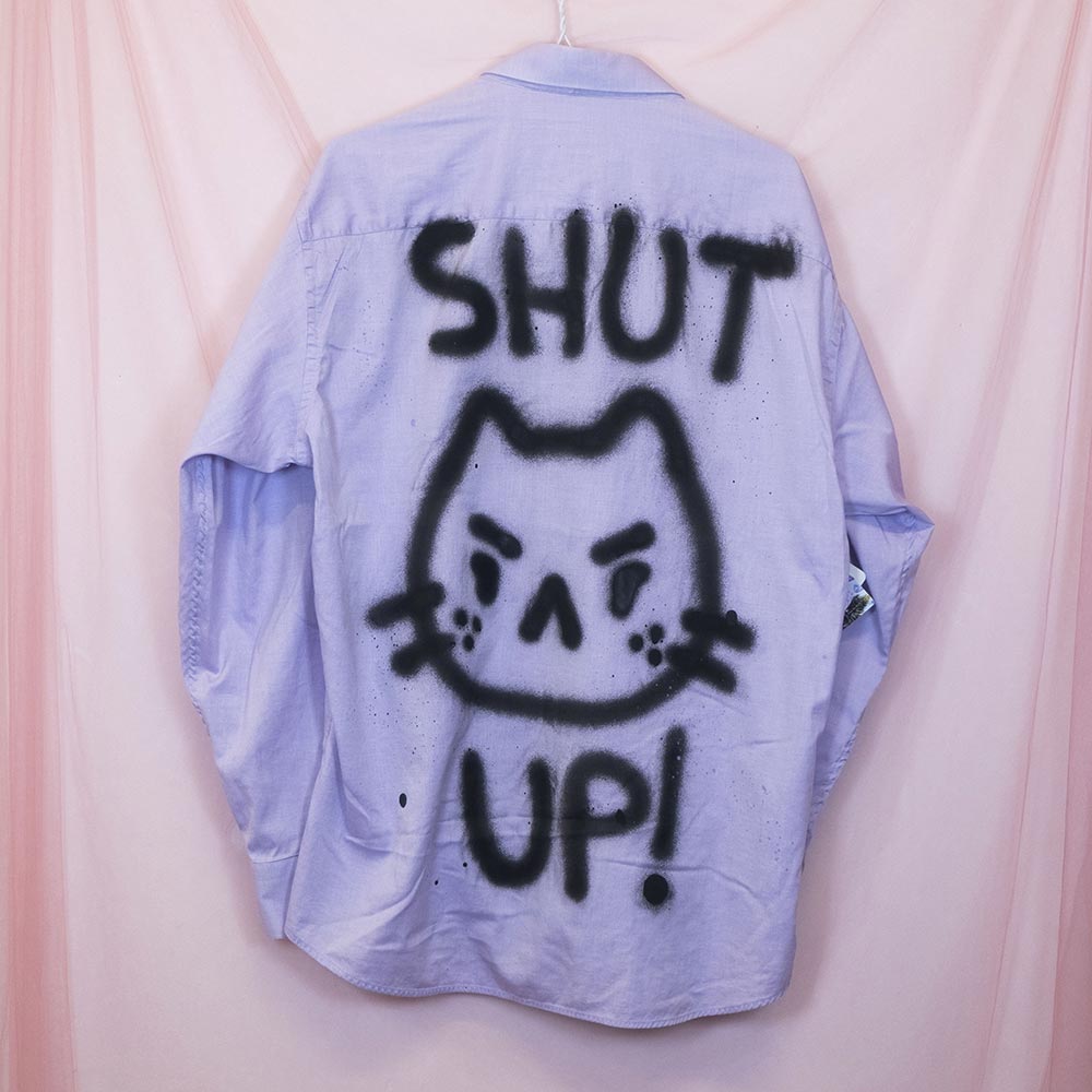 Upcycled "SHUT UP" lilac shirt