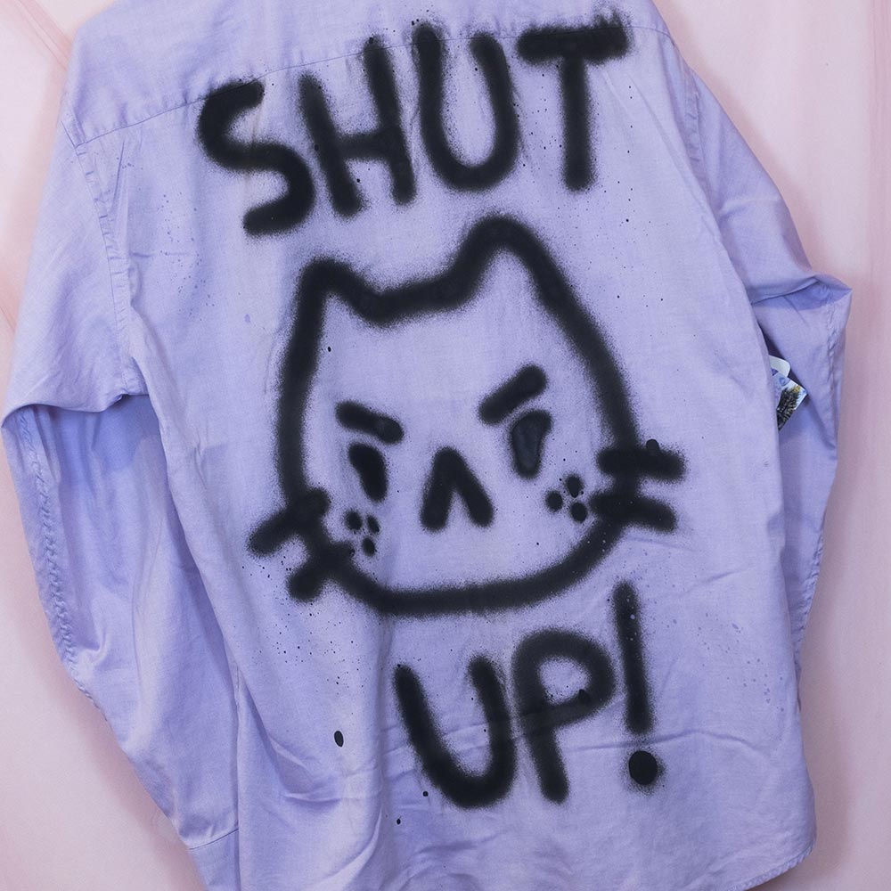 Upcycled "SHUT UP" lilac shirt