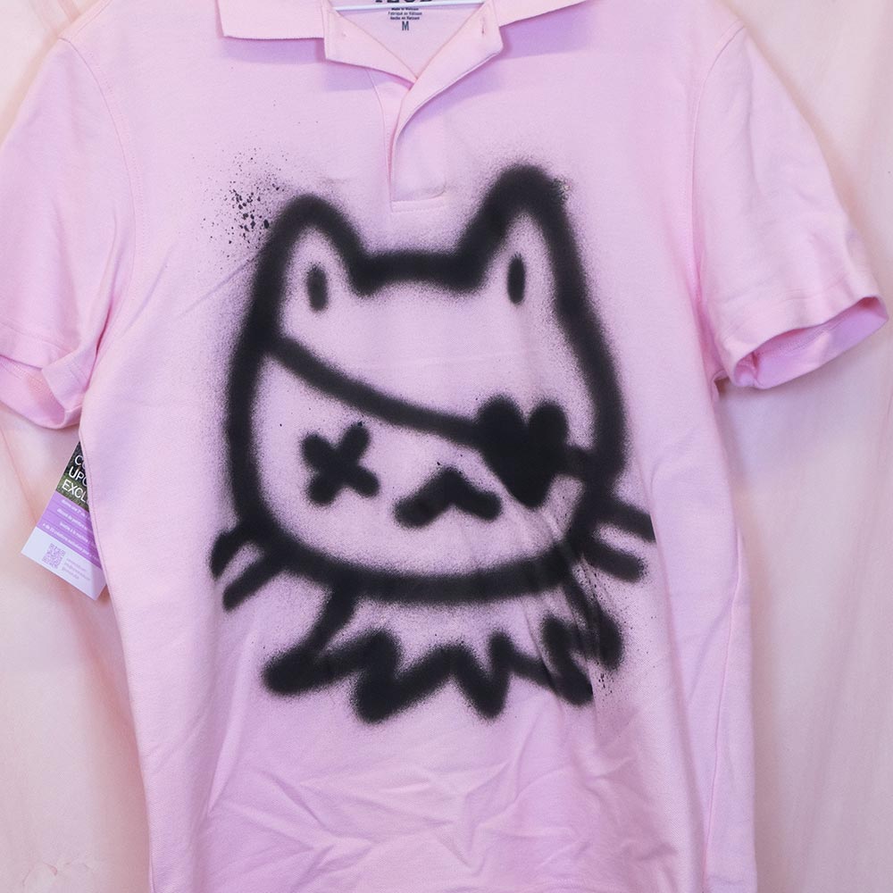 T-shirt polo upcyclé "Chat pirate" rose