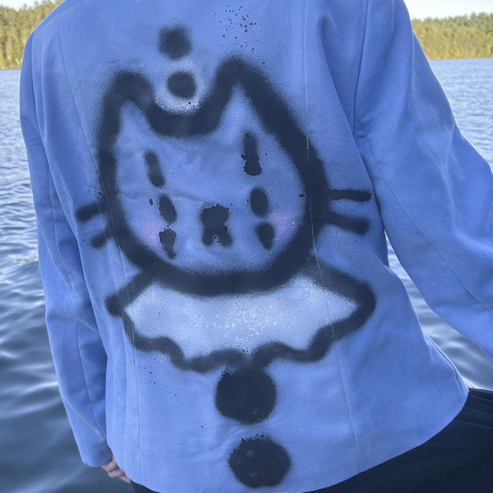Upcycled "Pierrot Clown Cat" blue jacket