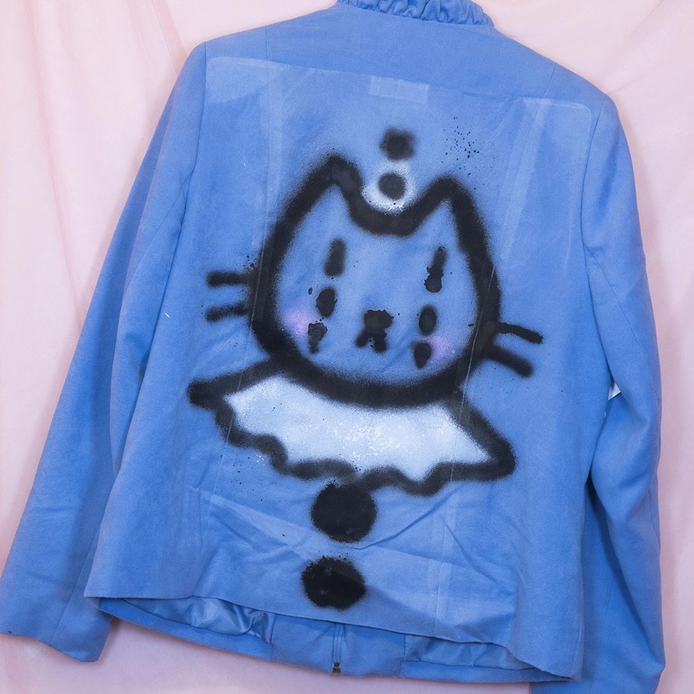 Upcycled "Pierrot Clown Cat" blue jacket