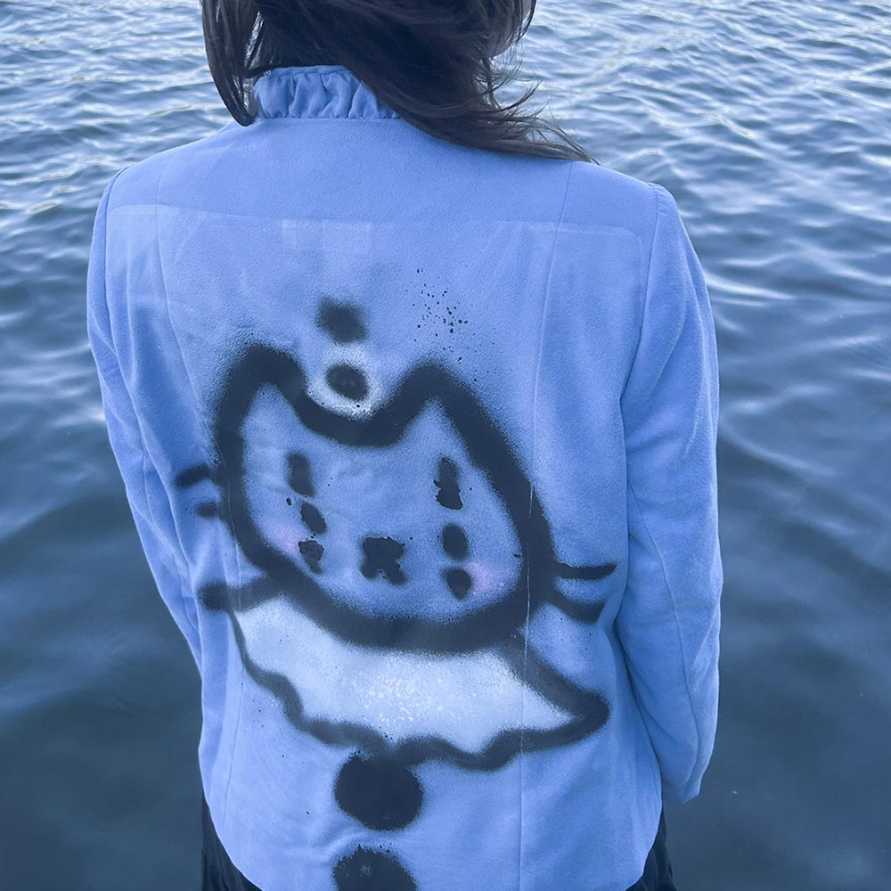 Upcycled "Pierrot Clown Cat" blue jacket