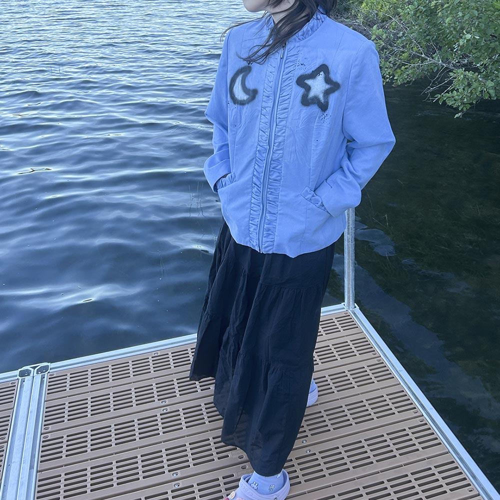 Veste upcyclée "Chat clown Pierrot" bleue