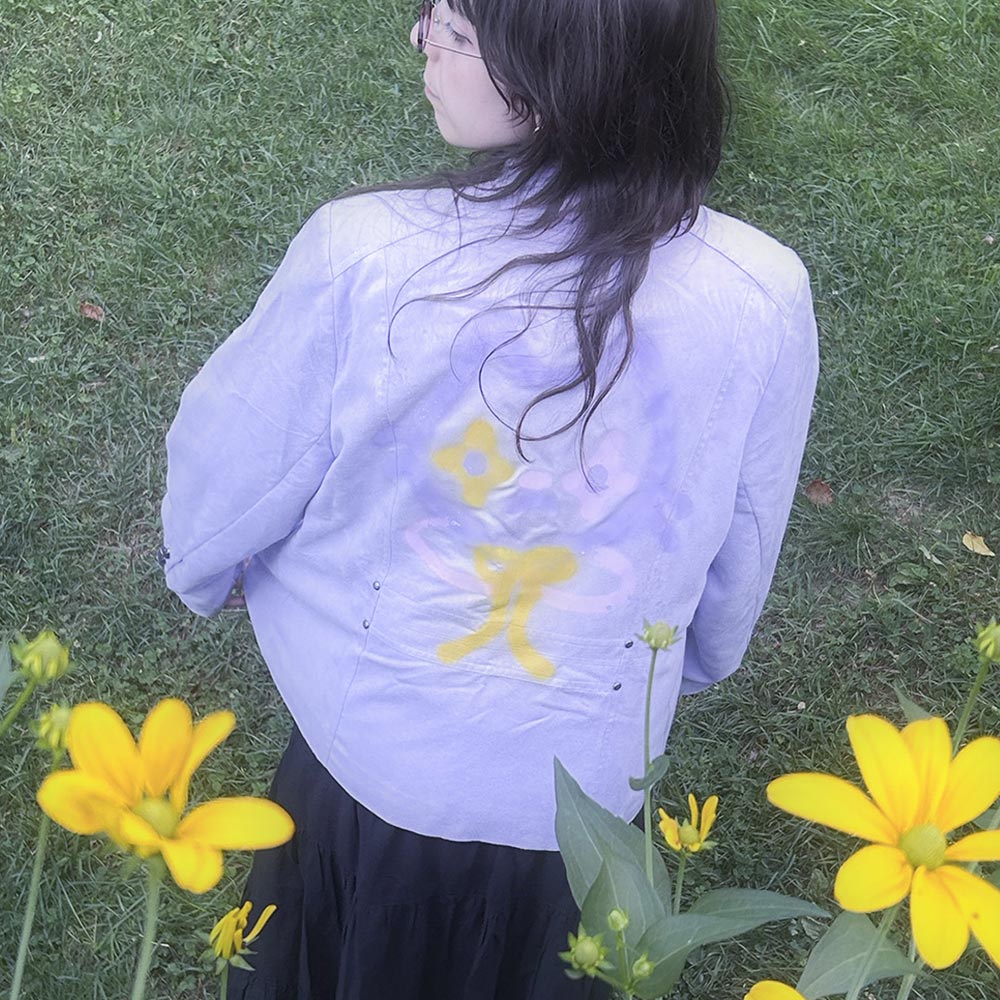Veste upcyclée "Chat clown pastel" lilas
