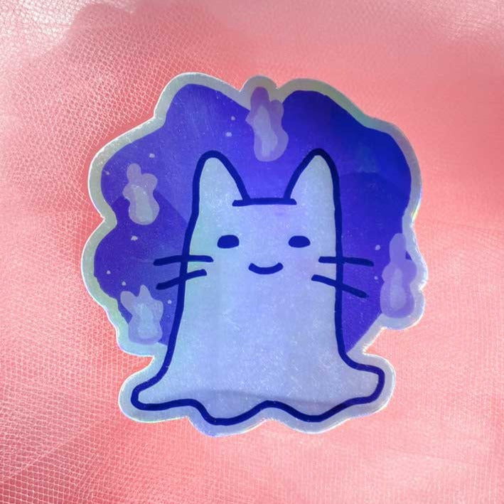 Ghost Cat Holographic Sticker 3" 
